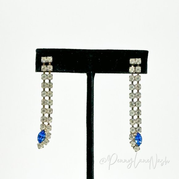 Vintage Jewelry - Vintage Two Row Rhinestone Drop with Blue Gem Dangle Earrings